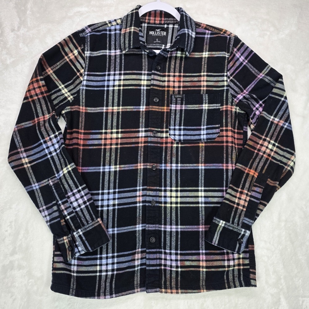 Hollister California Button Up Flannel‎ Shirt Black Color Wash Plaid Mens S Rare